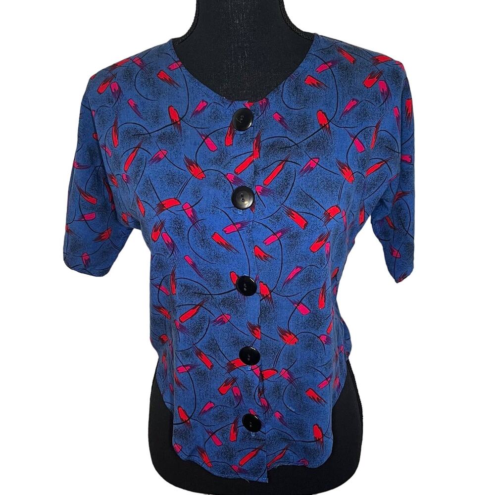 Vintage Button Down Short Sleeve Retro Patterned 80s Blouse Blue Womens XS